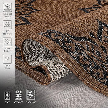CAMILSON Outdoor Rug 8x10 Medallion Nut Brown Black Modern Area Rugs for Indoor and Outdoor Patios, Kitchen and Hallway Rug, Washable Porch Deck Outside Carpet (8 x 10)
