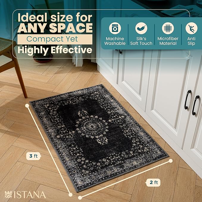 Istana 2x3 Area Rug - Black Boho Rugs for Living Room 2x3 - Foldable Small Rugs for Bedroom - Stain Resistant Washable Rug Non Slip - Eco-Friendly Area Rugs Indoor
