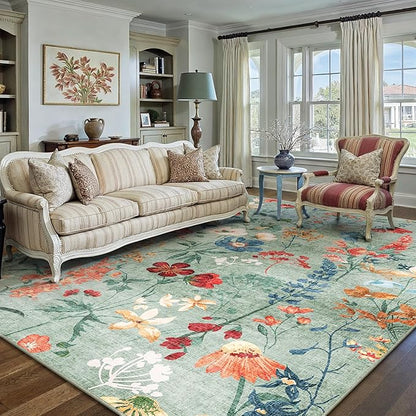 Green Area Rug 6x9 Floral Washable Living Room Kitchen Boho Carpet Non Slip Low Pile Indoor Accent Lightweight Soft Throw Rug for Bedroom Office Dining Room Nursery Farmhouse