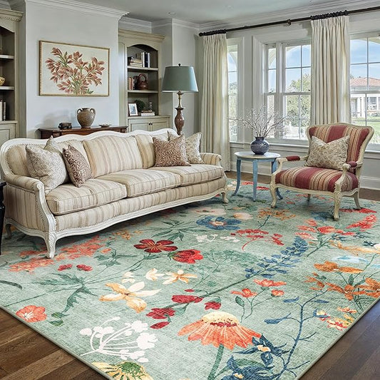Green Area Rug 6x9 Floral Washable Living Room Kitchen Boho Carpet Non Slip Low Pile Indoor Accent Lightweight Soft Throw Rug for Bedroom Office Dining Room Nursery Farmhouse
