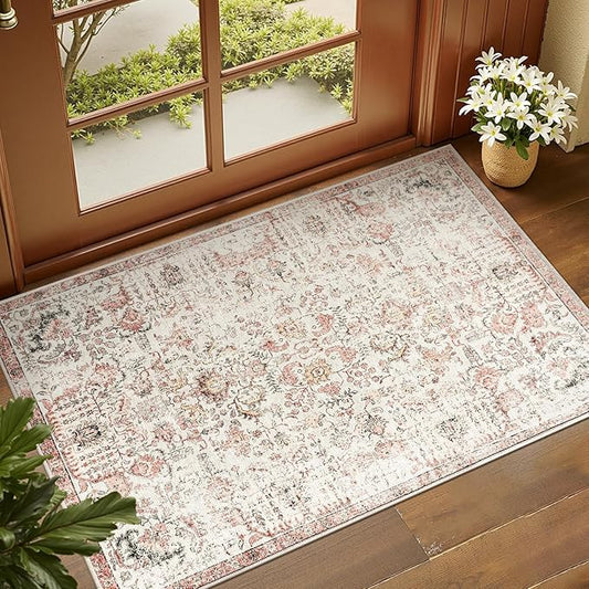 jinchan Kalen Area Rug 2x3 Washable Entryway Rug Vintage Doormat Indoor Entrance Lightweight Thin Retro Distressed Door Mat Floral Print Country Boho Non Slip Carpet for Bathroom Bedroom Red Multi