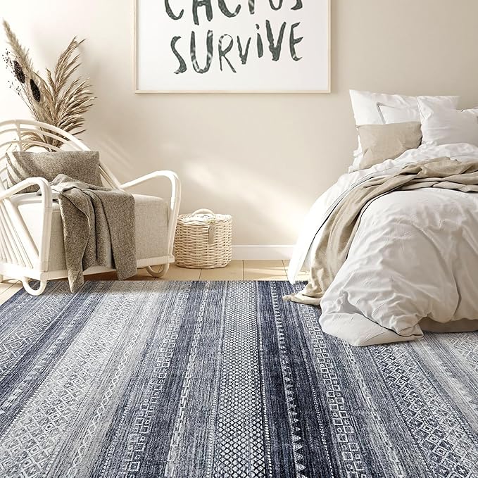 Nakagishi Area Rug Living Room Rugs: 7x9 Machine Washable Boho Large Neutral Farmhouse Stain Resistant Moroccan Indoor Floor Carpet for Bedroom Nursery Dorm Classroom Dining Room Home-Blue