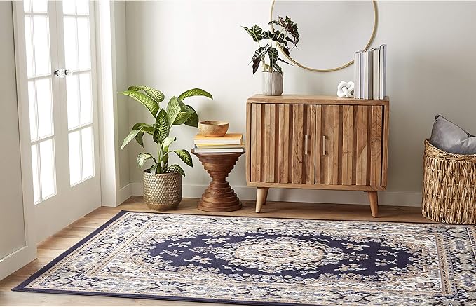 Home Dynamix Premium Sakarya Traditional Medallion Border Area Rug, Navy Blue, 21"x35" Rectangle