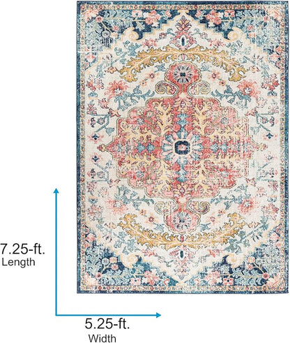 Livabliss Area Rugs - 5x7 Odelia Vintage Boho Aqua Burgandy Blue Area Rug for Living Room Bedroom - Floral Medallion Stain Resistant Carpet for Kitchen, Nursery, Office (5'3" x 7'3")