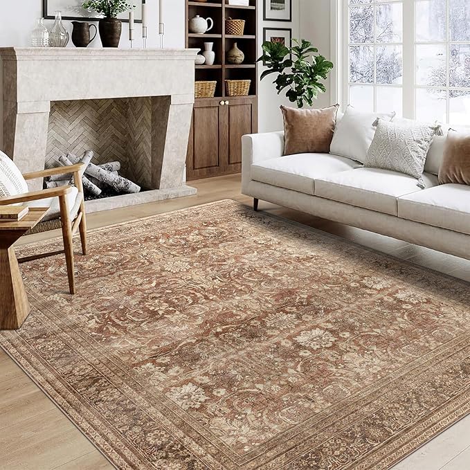 vivorug 3x5 Rug, Small Area Rug for Living Room, Bedroom, Kitchen, Machine Washable Non-Slip Throw Rug, Vintage Carpet for Entryway Nursery Coffee Table - Durable (Brown)