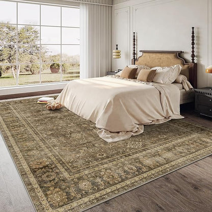 HelloTree Washable Rugs 9x12 Area Rug for Living Room, Vintage Boho Brown Rug Non Slip Carpet Retro Accent Indoor Mat Print Distressed Low Pile Throw Large Rug for Office Dining Room Bedside-Brown