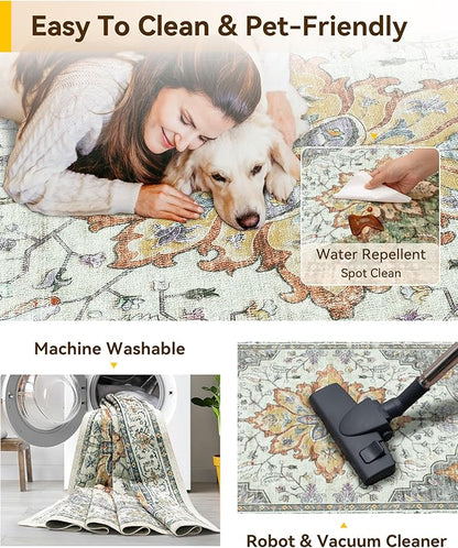 Area Rugs 3'x4' Washable Non-Slip, Floral Vintage Distress Print Pattern Medallion Carpet for Living Room Bedroom Dining Room, Light Yellow Carbon Grey Orange