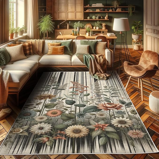 Ambesonne Botanical Decorative Rug, Nostalgic Garden Pattern with Flowers and Leaves on Retro Stripes, Quality Carpet for Bedroom Dorm and Living Room, 2' x 5', Sage Green and Salmon