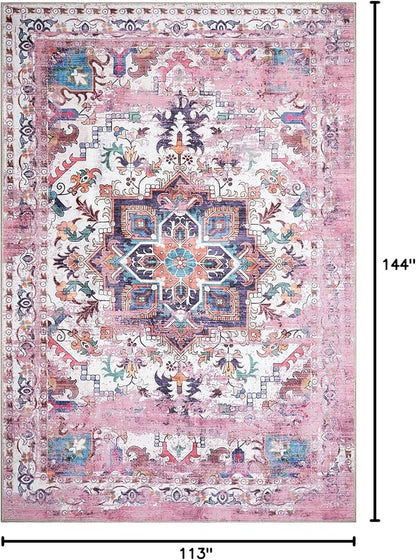 GLN Rugs Traditional Collection - Machine Washable Area Rug, Traditional Washable, Non Slip, Low Pile Chenille Rug, Living Room, Bedroom, Kitchen Rug (9' x 12' Pink/Multicolor)