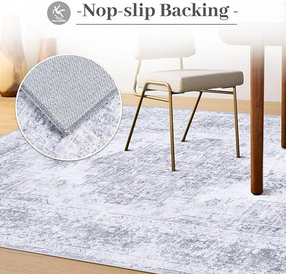 Area Rug 8x10 Living Room Rug, Machine Washable Vintage Distressed Medallion Rug Non-Slip Soft Low Pile Large Indoor Rugs for Bedroom Kitchen Dining Room Office(LightGrey,8'x10')