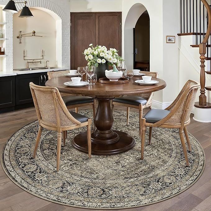 Brown Round Area Rug 8ft Washable 8x8 Circle Vintage Low Pile Indoor Large Kitchen Living Room Carpet Non Slip Traditional Distressed Retro Accent Throw Rug Office Dining Room