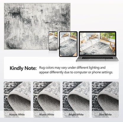 7x9 Washable Area Rugs - Modern Abstract Rugs for Living Room Non-Slip Low Pile Soft Machine Washable Carpet for Bedroom, Dining Room, Nursery, Home Office, Farmhouse (7'x9' Dark Grey)