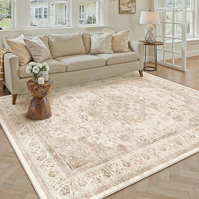 6x9 Beige Washable Vintage Area Rug for Living Room Bedroom Soft Tranditional Non Slip Large Throw Rug Lightweight Floral Low Pile Distressed Carpet Office Playroom Home Decor