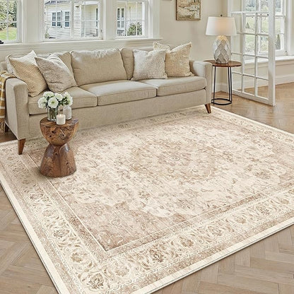 5x7 Beige Washable Vintage Area Rug for Living Room Bedroom Soft Tranditional Non Slip Large Throw Rug Lightweight Floral Low Pile Distressed Carpet Office Playroom Dining Laundry Room