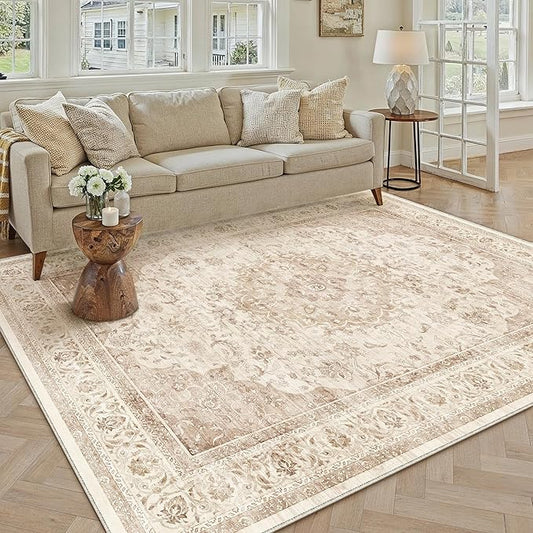 5x7 Beige Washable Vintage Area Rug for Living Room Bedroom Soft Tranditional Non Slip Large Throw Rug Lightweight Floral Low Pile Distressed Carpet Office Playroom Dining Laundry Room