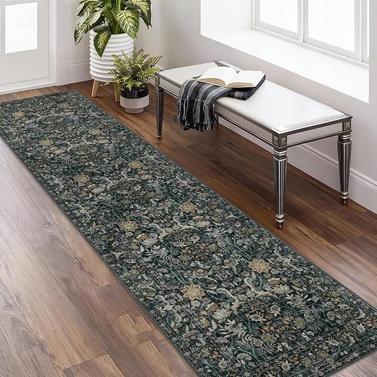 Washable Runner Rug 2x8: Vintage Boho Floral Carpet Runners for Hallway Entryway Non-Slip - Soft Botanical Low Pile Thin Mat for Kitchen Bathroom Bedroom Laundry Floor Decor - Dark Green