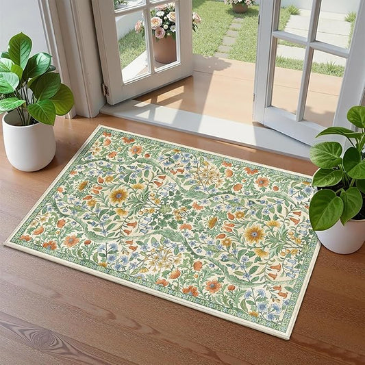 Floral 2x3 Entryway Rug,Washable Front Door Mat Indoor Non Slip Low Pile Small Carpet, Soft Grass Green Boho Botanical Throw Rug for Bathroom Bedroom Kitchen Laundry Indoor Entrance