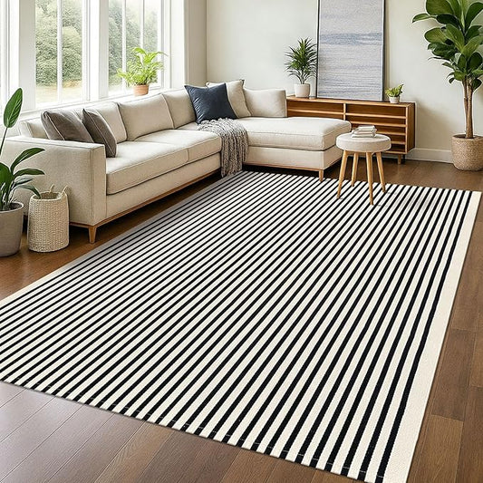 KOZYFLY Black and Beige Striped Rug 8x10 Ft Area Rug Washable Indoor Outdoor Rug Cotton Outdoor Patio Rugs Farmhouse Rugs for Living Room Carpet for Patio Dining Room Bedroom