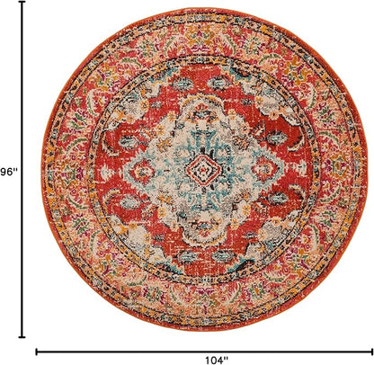 SAFAVIEH Monaco Collection Area Rug - 8'8" Round, Orange & Light Blue, Boho Chic Medallion Distressed Design, Non-Shedding & Easy Care, Ideal for High Traffic Areas in Living Room, Bedroom (MNC243H)
