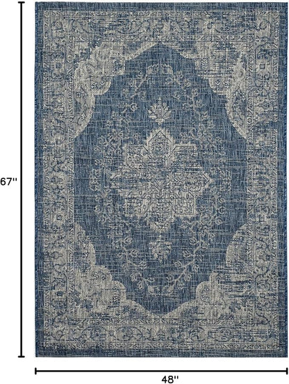 FH Home Outdoor Rug - Waterproof Easy to Clean Stain Resistant - Patio Indoor Outdoor Porch Deck Balcony Entryway - Vintage Distressed - Gorgan - Blue - 4ft x 5ft 7in