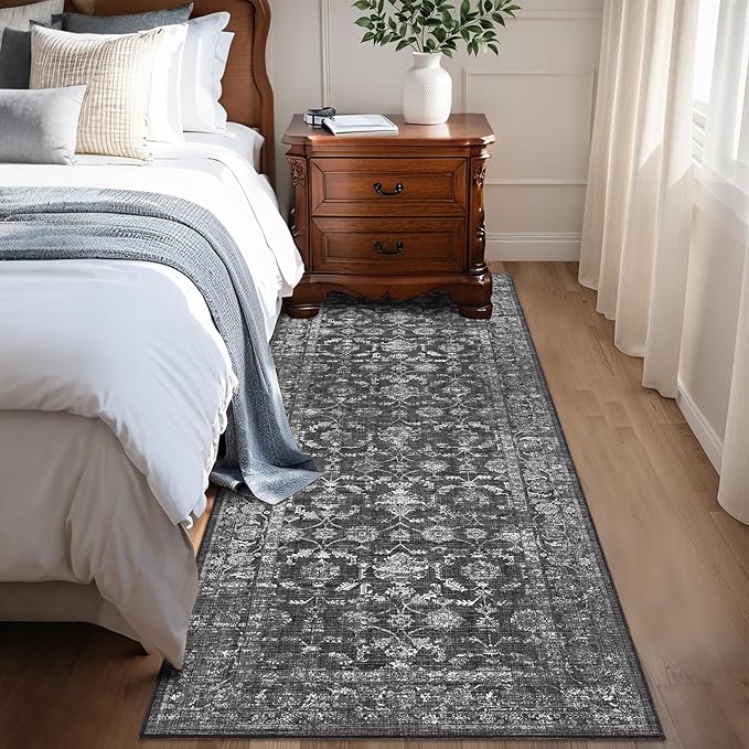 Washable Area Rug 2x6 Black Runner Rugs for Living Room, Vintage Boho Hallway Large Rug for Bedroom Dining Room Office, Distressed Floral Carpet for Under Table, Soft Non Slip Low Pile Throw Carpet