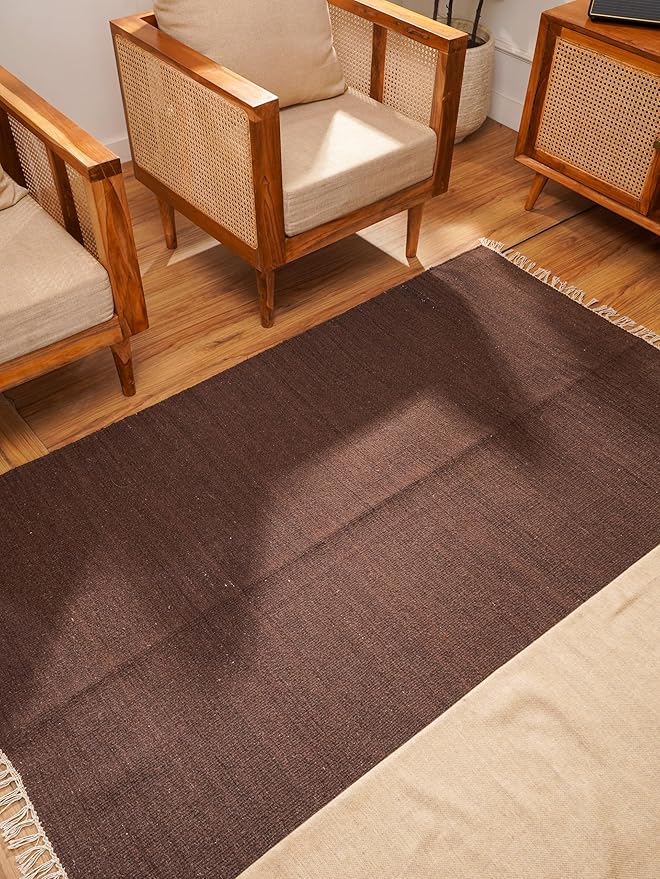 Rugsotic Carpets Hand Woven Flat Weave Kilim Wool ECO-Friendly Area Rugs - 3'x5', Rectangle Shape, Dark Brown Color, Solid Plain Design, Low Pile Handmade Rugs for Living Room, Bed Room (D00111)
