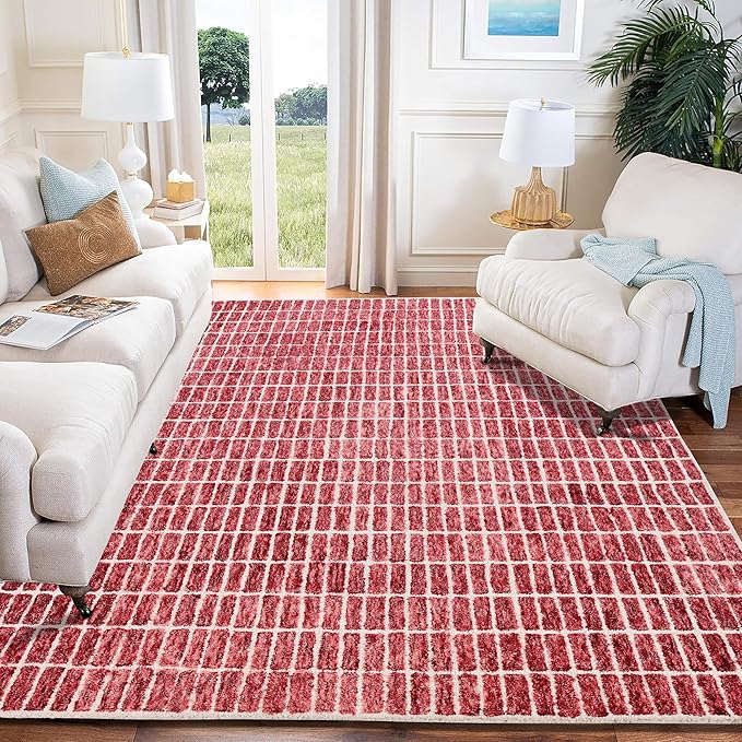 Hand-Tufted 100% Wool Area Rug – Unique Modern Geometric Grid Pattern, Soft Plush Textured Carpet for Living Room, Bedroom, Dining Room & Entryway (Brick Red, 9' x 9' sq)
