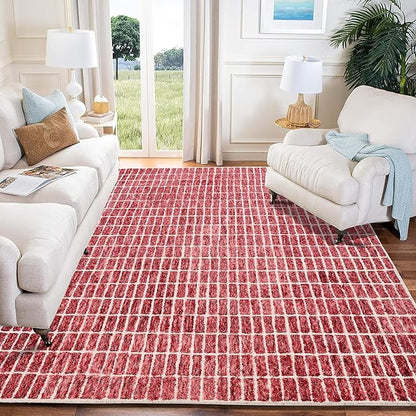 Hand-Tufted 100% Wool Area Rug – Unique Modern Geometric Grid Pattern, Soft Plush Textured Carpet for Living Room, Bedroom, Dining Room & Entryway (Brick Red, 10' x 14')