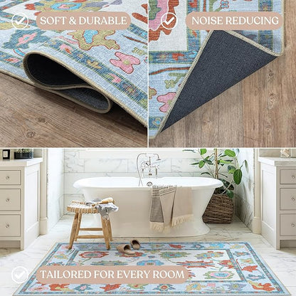 Fame Living Colorful Oushak Rug, Modern Rugs, Vintage, Turkish, Eclectic, Floral, Pastel, Washable, Small Throw, Accent Area Rug for Living Room, Bedroom, Kitchen, Bathroom, 2'5"x4'9"