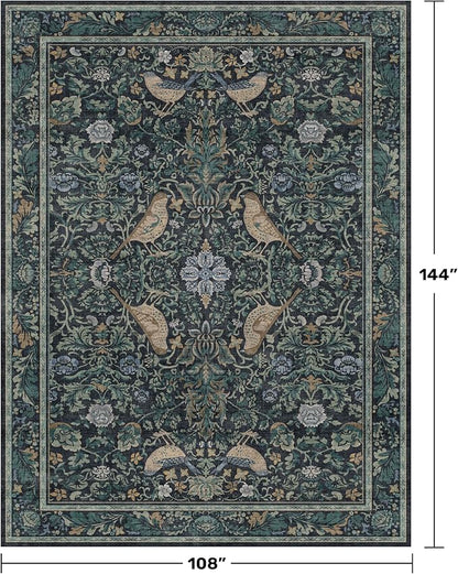 Washable 9x12 Area Rug for Living Room - Dark Blue Dining Rugs for Under Table, 9 by 12 Low Pile & Soft Boho Room Décor for Bedroom, Bird & Floral Design, Non-Slip