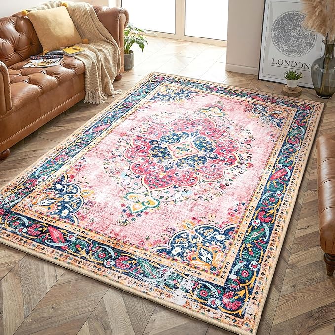 5x7 Area Rugs Pink Boho Rug for Living Room Vintage Rug Non-Slip Washable Low Pile Foldable Large Rugs for Bedroom Dining Room Indoor Floor Carpet