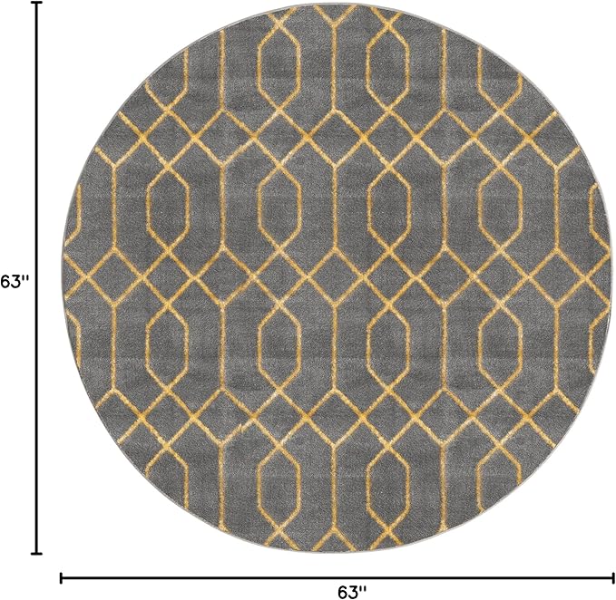 Unique Loom Glam Collection Area Rug - Trellis (5' 3" Round, Gray Gold/ Gold)
