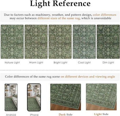 Area Rug 9x12 Green Washable Living Room Carpet Soft Non Slip Vintage Bedroom Indoor Office Traditional Retro Distressed Large Thicker Throw Rug for Dining Room Playroom