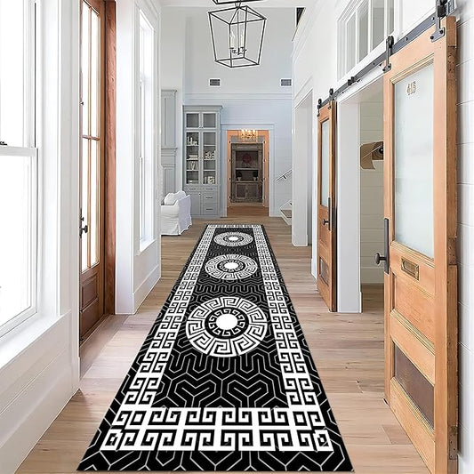 Modern Black White Geometric Kitchen Rug, 3.3x7ft, Greek Key Meander Design Entrance Rugs, Easy Clean Low Pile Washable Carpet, Soft Foldable No Crease Carpets for Porch Family