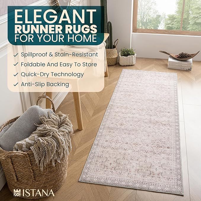 Istana Hallway Runner Rug 2.5x8 – Beige Grey/Light Cream Entryway Rug -Silk's Soft Touch Runners for Hallways - Stylish Kitchen Runner Rug Non Slip