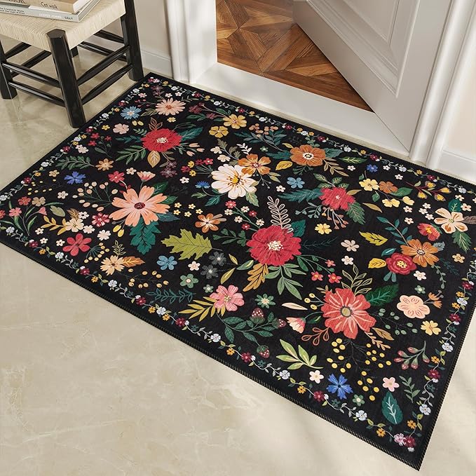 2x3 Washable Rug for Entryway, Floral Soft Small Area Rug, Non Slip Doormat Indoor Entrance Carpet, Flower Low Pile Front Door Throw Rug for Bedroom, Kitchen, Laundry, Bathroom, Black