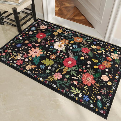 2x3 Washable Rug for Entryway, Floral Soft Small Area Rug, Non Slip Doormat Indoor Entrance Carpet, Flower Low Pile Front Door Throw Rug for Bedroom, Kitchen, Laundry, Bathroom, Black