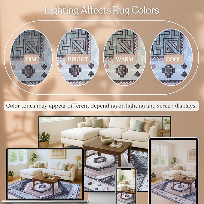 Washable Area Rug. Modern Farmhouse. Vintage. Turkish. Bohemian. Distressed. Oriental. Traditional. Rugs for Living Room. Dining. Bedroom. Office. Entryway. Foyer. (856BlckGry, 5' x 6'9")