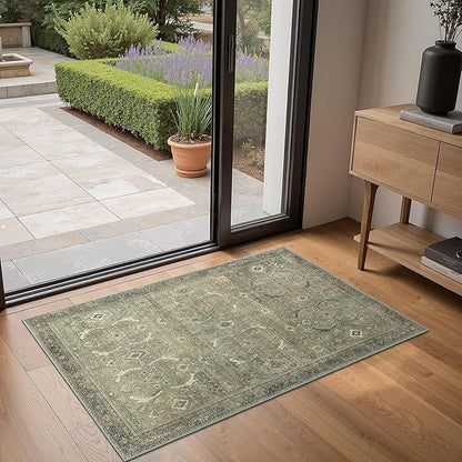 2x3 Entrance Rug Machine Washable Rug Small Door Mat,Ultra-Thin Low Pile Pad,Lightweight Indoor Carpet,Non Slip Floral Area Rug for Entryway,Bedside,Kids Room,Laundry,Bathroom,Muted Green