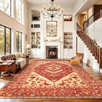 SERISSA 9x12 Area Rugs for Living Room, Large Washable Non-Slip Boho Rug, Ultra Soft Vintage Red Beige Oriental Tribal Print Distressed Carpet for Dining Room Bedroom Dorm Office Home Decor