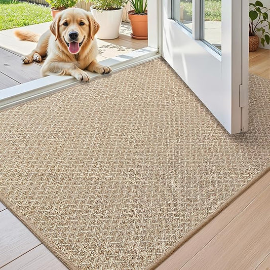 Color&Geometry Ultra Thin Indoor Door Mat Non Slip Rubber Backed Dirt Trapper 24"x36"(Rolled-up NO Creases), Rugs for Entryway, Front Door Mat Indoor Washable Low-Profile Entry Mat, Khaki