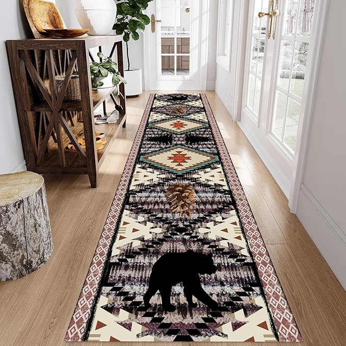 Wild Animal Runner Rug, 2x7ft, Bohemian Southwestern Country Hallway Rug, Bear Pine Cone Long Runner, Comfortable Breathable Vintage for Kitchen Dining Room Office