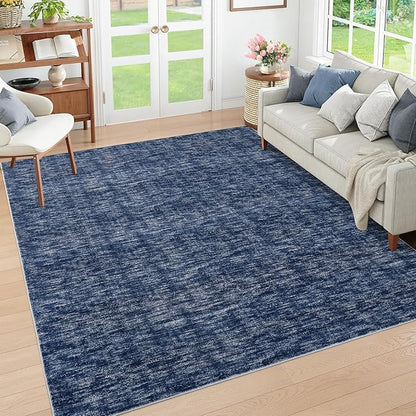 RUGSREAL Washable Area Rug for Bedroom 5x7 Contemporary Dining Room Throw Rug Low-Pile Solid Modern Rug Non-Slip Stain Resistant Home Office Solid Rug for Living Room Bedroom Kids Room, 5' x 7' Blue