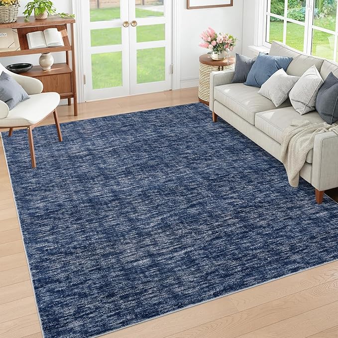 RUGSREAL Living Room Area Rug 10x13 Modern Solid Color Large Bedroom Rug with Rubber Backing Stain Resistant Low Pile Dining Room Throw Carpet Contemporary Washable Rug for Home Decor Office, Blue
