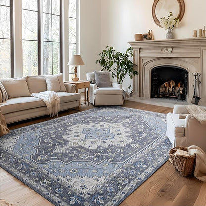 Bedsure 8x10 Area Rugs for Living Room, Machine Washable Rugs, Non-Slip Backing, Non-Shedding, Vintage Low Pile Easy Care Throw Carpet for Bedroom Dining Room, Grey