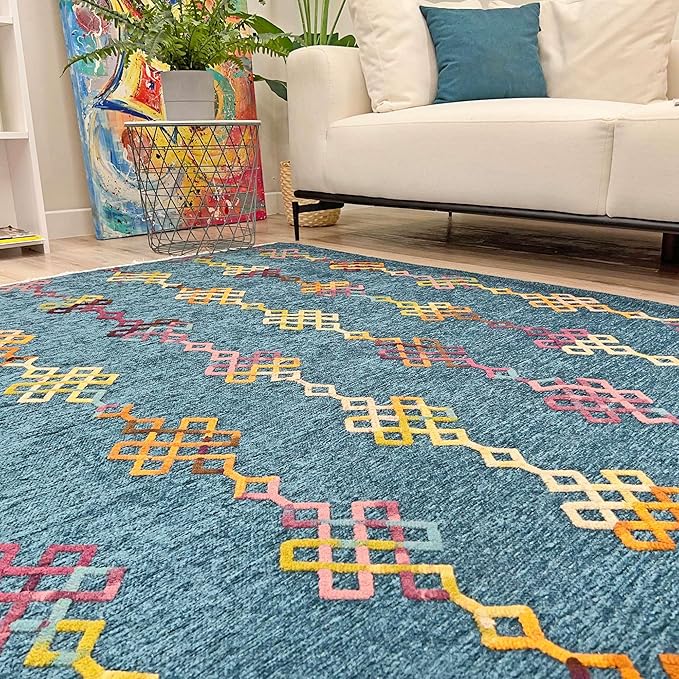 Alfa Rich 3x5 Moroccan Blue Washable Area Rugs for Living Room Bedroom Kitchen Decor Cotton Runner