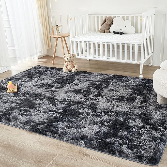 Andency 6x9 Area Rugs, Large Shag Fluffy Soft Shaggy Rugs for Living Room Bedroom, Non-Slip Tie-Dyed Dark Grey Thick Plush Carpet for Kids Girls and Boys, Dorm Nursery Home Decor Aesthetic