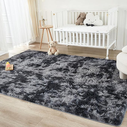 Andency 6x9 Area Rugs, Large Shag Fluffy Soft Shaggy Rugs for Living Room Bedroom, Non-Slip Tie-Dyed Dark Grey Thick Plush Carpet for Kids Girls and Boys, Dorm Nursery Home Decor Aesthetic