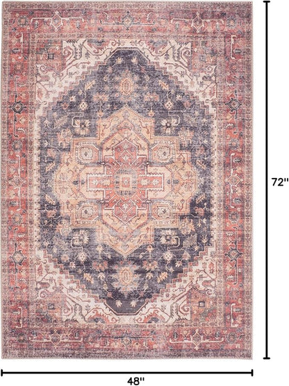 GLN Rugs Traditional Collection - Machine Washable Area Rug, Traditional Washable, Non Slip, Low Pile Chenille Rug, Living Room, Bedroom, Kitchen Rug (4' x 6' Black/Terra)