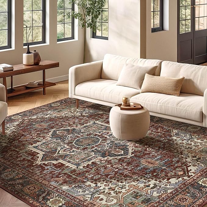 Kokia 5x7 Washable Area Rugs Maroon with Vintage Orient Design, Soft Rug for Living Room or Bedroom, Non-Slip Low Pile Stain Resistance Features, Distressed Medallion Pattern